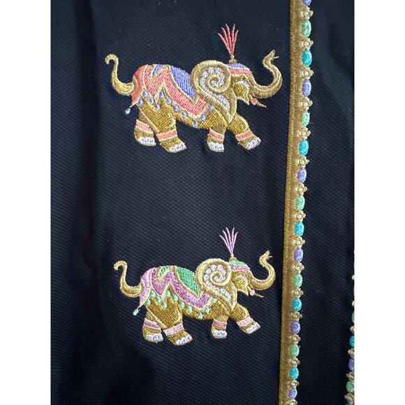 Bob Mackie wearable art black coat embroidered Elephants gold logo buttons large - Picture 7 of 16